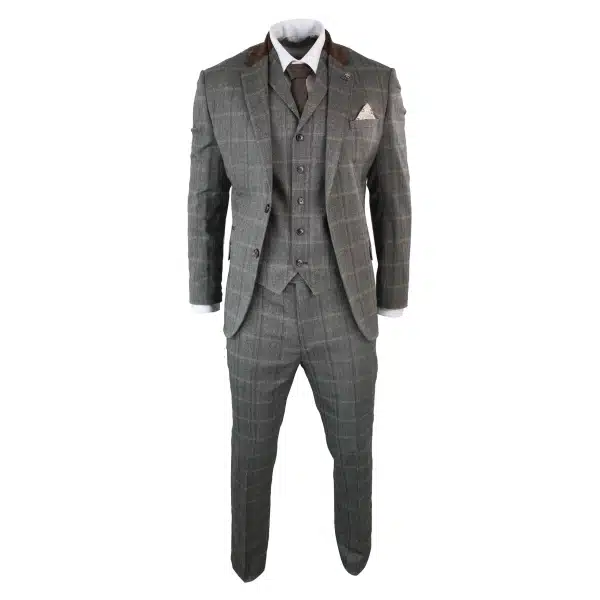 Mens Check Tweed 3 Piece Blue Navy Suit Vintage Retro Tailored Fit Prince Of Wales