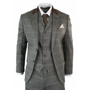 Mens Check Tweed 3 Piece Blue Navy Suit Vintage Retro Tailored Fit Prince Of Wales