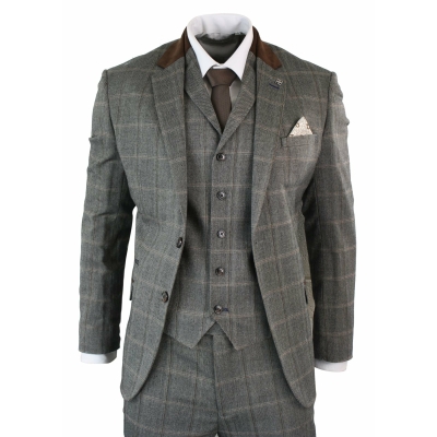 Classic Tweed Wool Blend Men Suit 3Piece Check Plaid Brown Striped Blazer Custom 