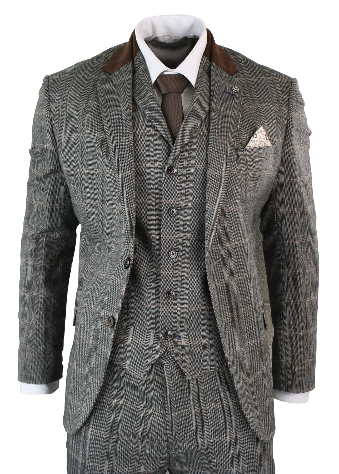 Mens Check Tweed 3 Piece Blue Navy Suit Vintage Retro Tailored Fit ...