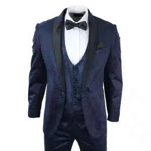 Herren Marc Darcy Samt Paisley Blau Fit 3 Stück Anzug Smoking Dinner Jacke Hochzeit