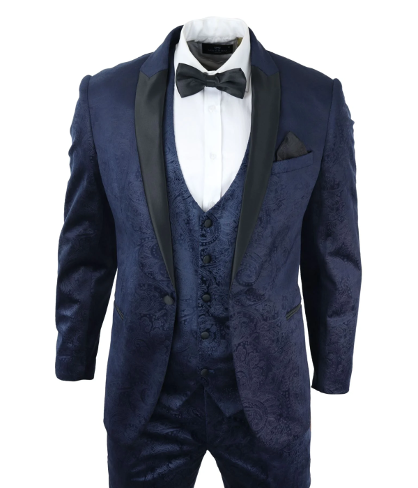 Mens Marc Darcy Velvet Paisley Blue Fit 3 Piece Suit Tuxedo Dinner Jacket Wedding