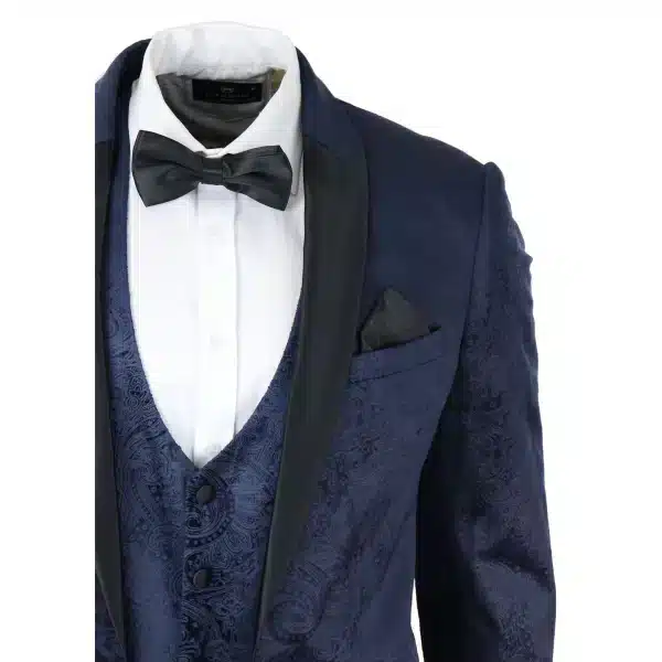 Mens Marc Darcy Velvet Paisley Blue Fit 3 Piece Suit Tuxedo Dinner Jacket Wedding