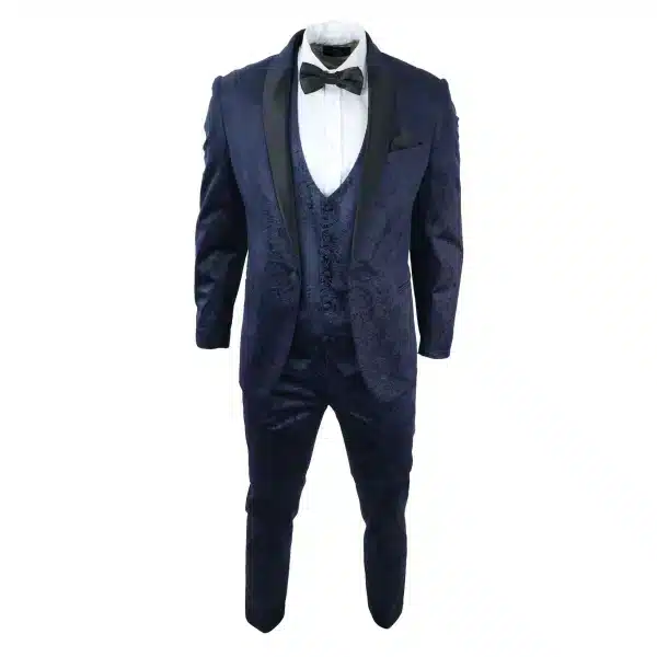 Mens Marc Darcy Velvet Paisley Blue Fit 3 Piece Suit Tuxedo Dinner Jacket Wedding