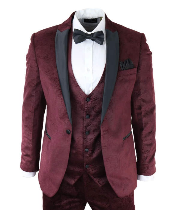 Mens Marc Darcy Velvet Paisley Burgundy Fit 3 Piece Suit Tuxedo Dinner Jacket Wedding