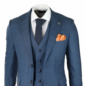 Mens 3 Piece Prince Of Wales Check Suit Blue Classic Light Tailored Fit ...