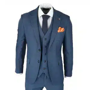 Mens 3 Piece Prince Of Wales Check Suit Blue Classic Light Tailored Fit Modern