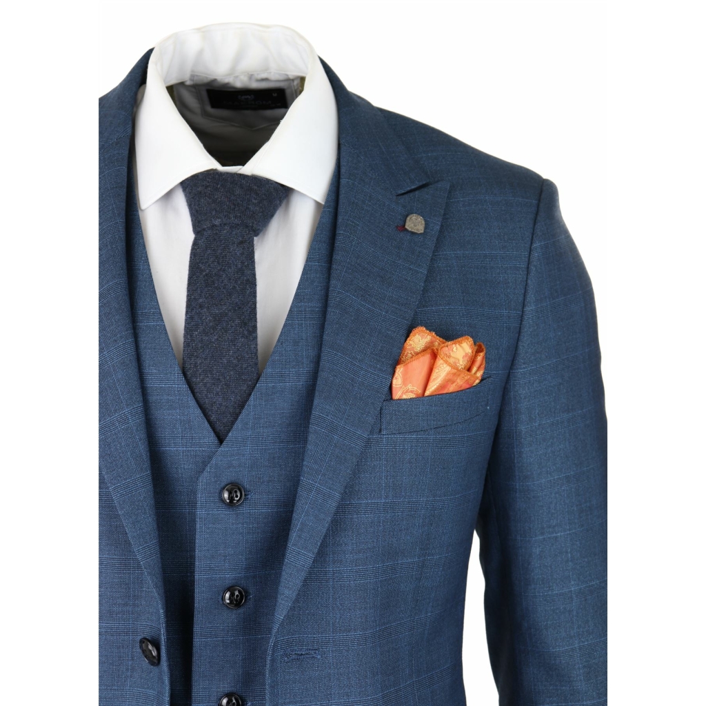 Mens 3 Piece Prince Of Wales Check Suit Blue Classic Light Tailored Fit ...