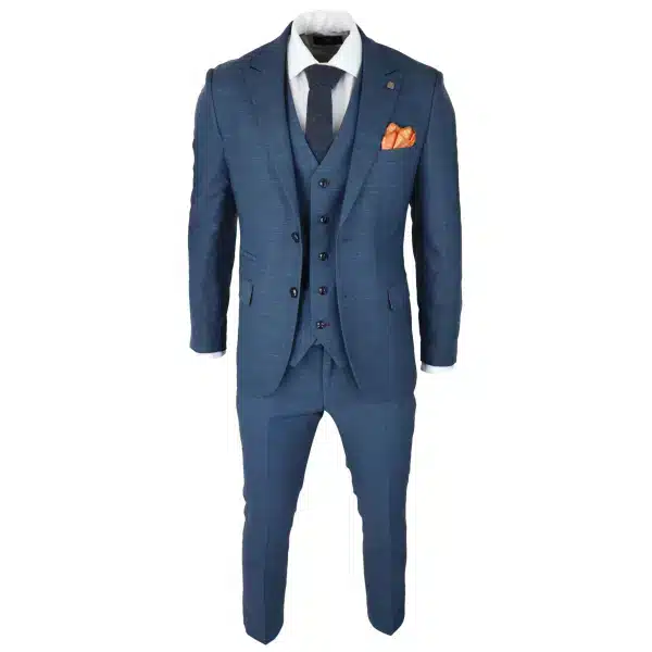 Mens 3 Piece Prince Of Wales Check Suit Blue Classic Light Tailored Fit Modern