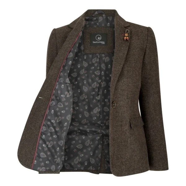Womens Tweed Herringbone Blazer Brown 1920s Vintage Tailored Classic Smart