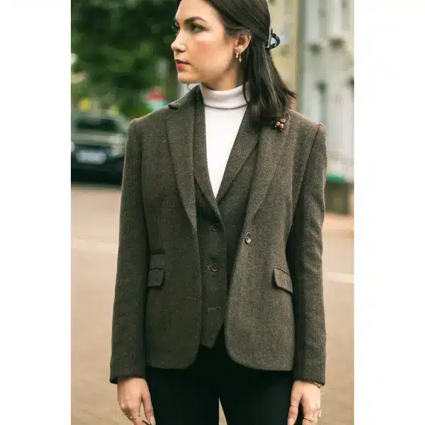 Womens Tweed Herringbone Blazer Brown 1920s Vintage Tailored Classic Smart