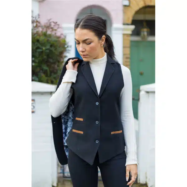 Womens Waistcoat Suit Wool Tweed Elbow Patch 1920s Vintage Classic Black