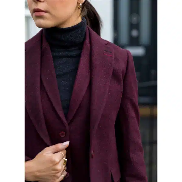 Womens Blazer Suit Wool Tweed Elbow Patch 1920s Vintage Classic Burgundy