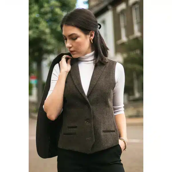 Womens Tweed Herringbone waistcoat Brown 1920s Vintage Tailored Classic Smart
