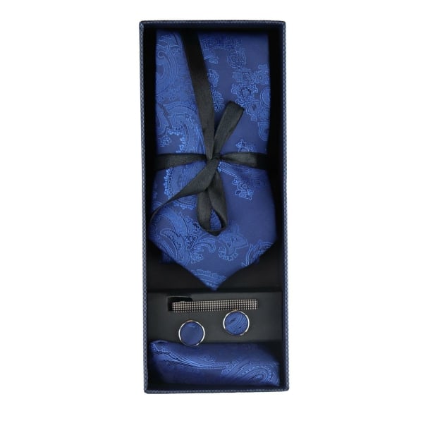 Paisley Neck Blue Tie Gift Set Pocket Square Cuff Links Tie Floral Satin