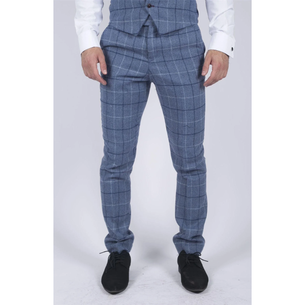 Mens Marc Darcy Light Blue Navy Check Trousers Smart Casual Tweed Slim Fit Clinton