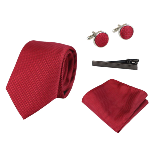 Satin Silk Textured Red Tie Gift Set Pocket Square Cuff Links Tie Matt Satin