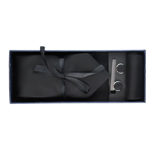 Satin Silk Textured Black Tie Gift Set Pocket Square Cuff Links Tie Matt Satin