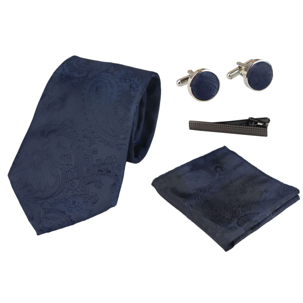Paisley Neck Navy Tie Gift Set Pocket Square Cuff Links Tie Floral Satin