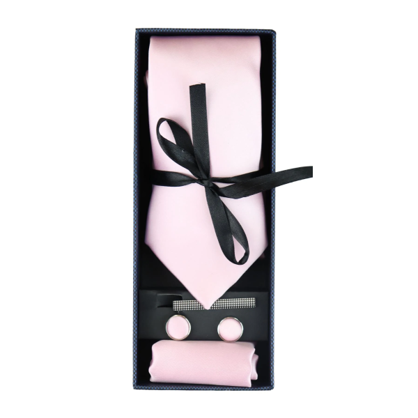 Satin Silk Pink Tie Gift Set Pocket Square Cuff Links Tie Shiny Satin