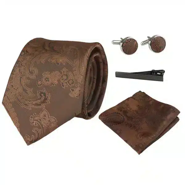 Paisley Neck Brown Tie Gift Set Pocket Square Cuff Links Tie Floral Satin