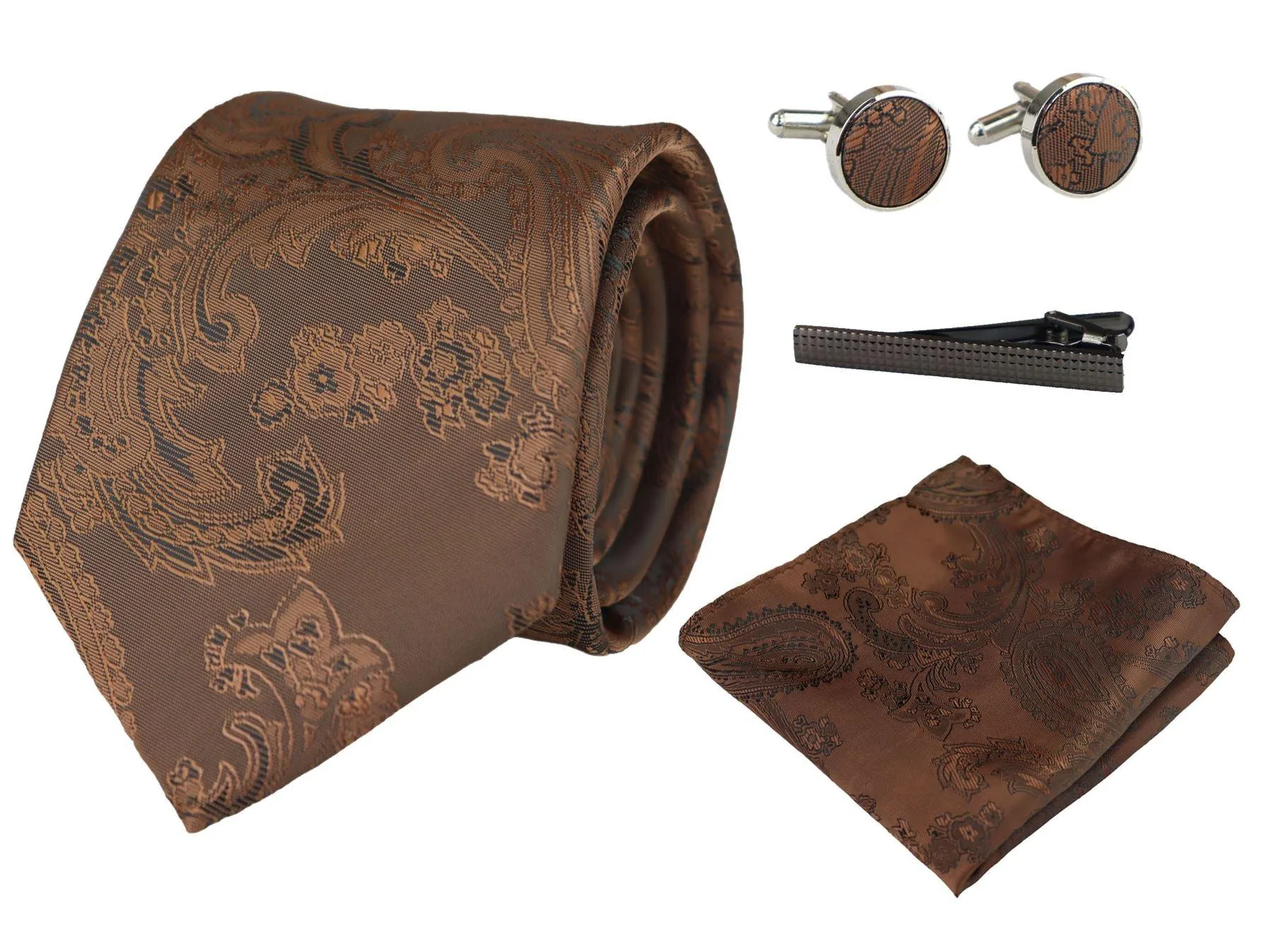 Paisley Neck Brown Tie Gift Set Pocket Square Cuff Links Tie Floral Satin