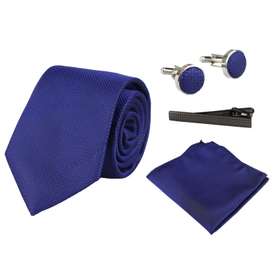Satin Silk Textured Blue Tie Gift Set Pocket Square Cuff Links Tie Matt Satin