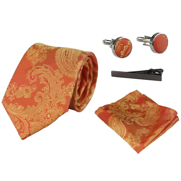 Paisley Neck Orange Tie Gift Set Pocket Square Cuff Links Tie Floral Satin