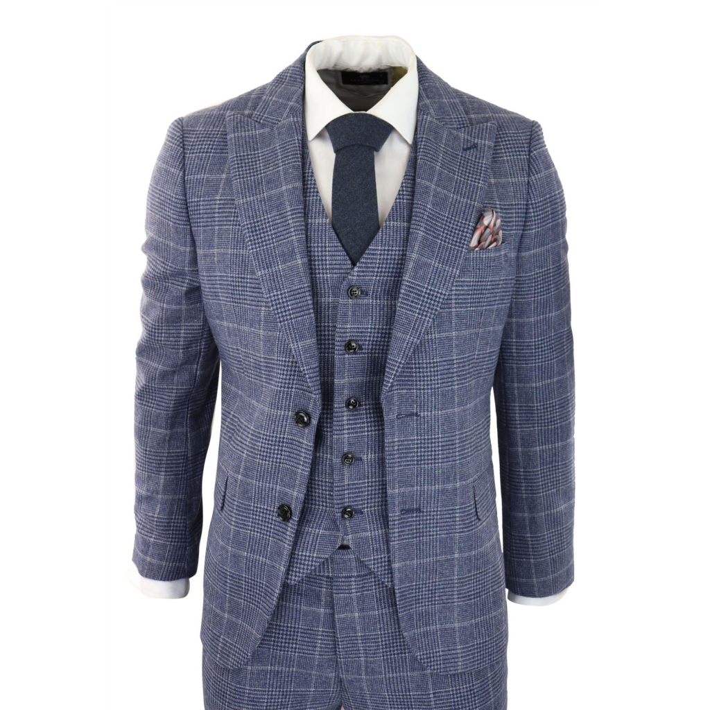 Mens Tweed Wool Check Suit 3 Piece Vintage Classic Blue Grey Tailored