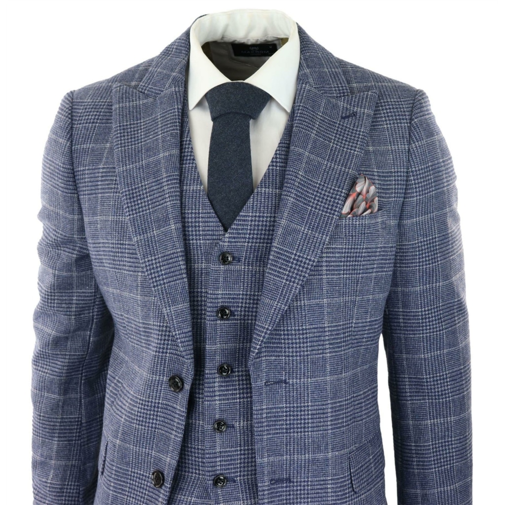 Mens Tweed Wool Check Suit 3 Piece Vintage Classic Blue Grey Tailored