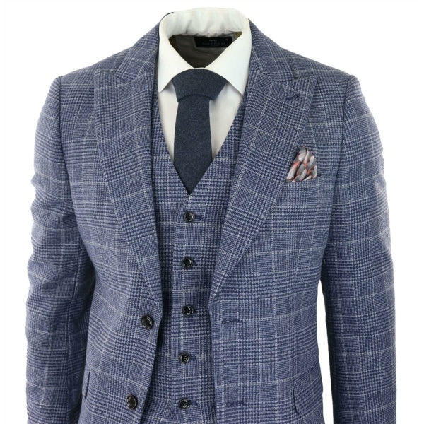 Mens Tweed Wool Check Suit 3 Piece Vintage Classic Blue Grey Tailored Fit