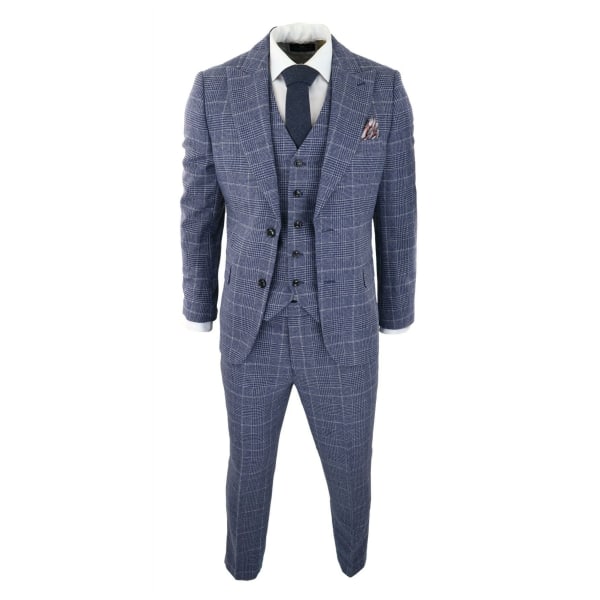 Mens Tweed Wool Check Suit 3 Piece Vintage Classic Blue Grey Tailored Fit