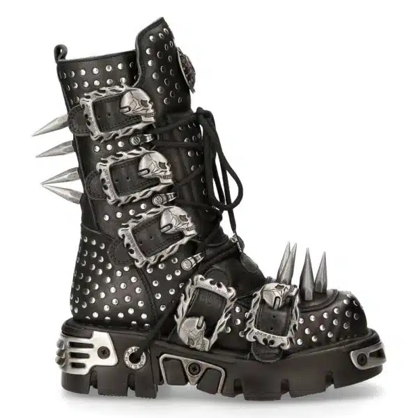 New Rock 1535-S1 Black Leather Military High Boots Metal Spikes Buckles Punk EMO