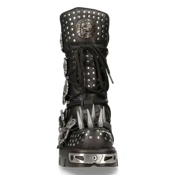 New Rock 1535-S1 Black Leather Military High Boots Metal Spikes Buckles Punk EMO