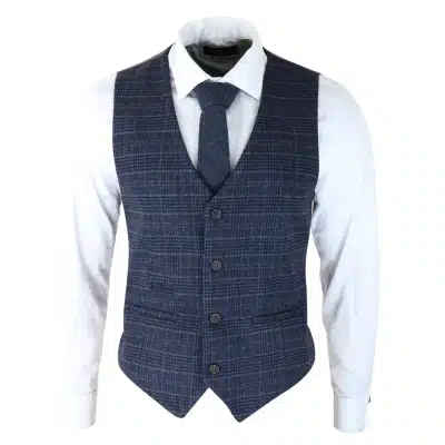 Mens Classic Waistcoat Prince Of Wales Check Blue Slim Fit Vintage Wedding