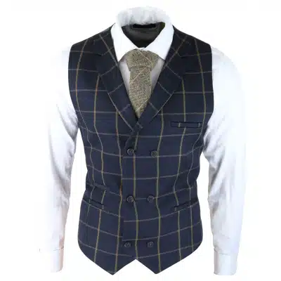 Mens Classic Waistcoat Prince Of Wales Check Navy Slim Fit Vintage Wedding