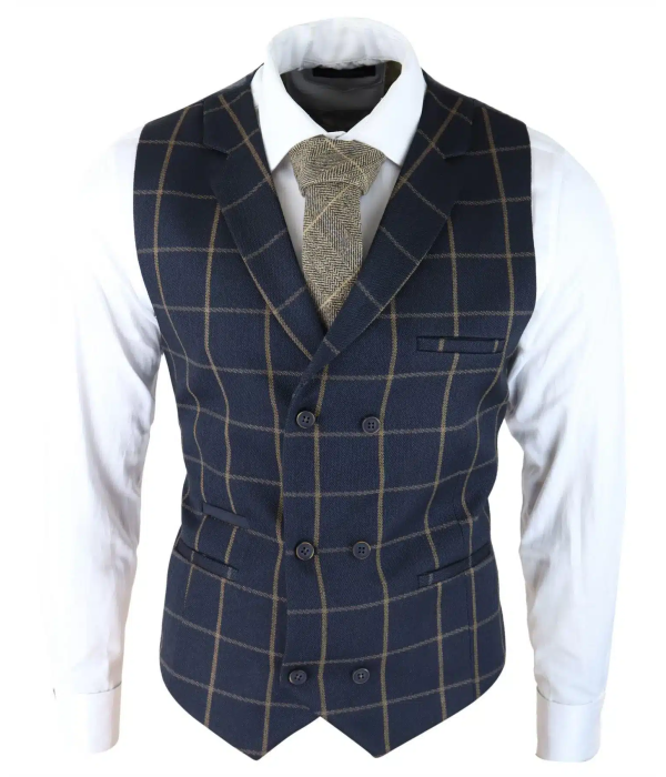 Mens Classic Waistcoat Prince Of Wales Check Navy Slim Fit Vintage Wedding