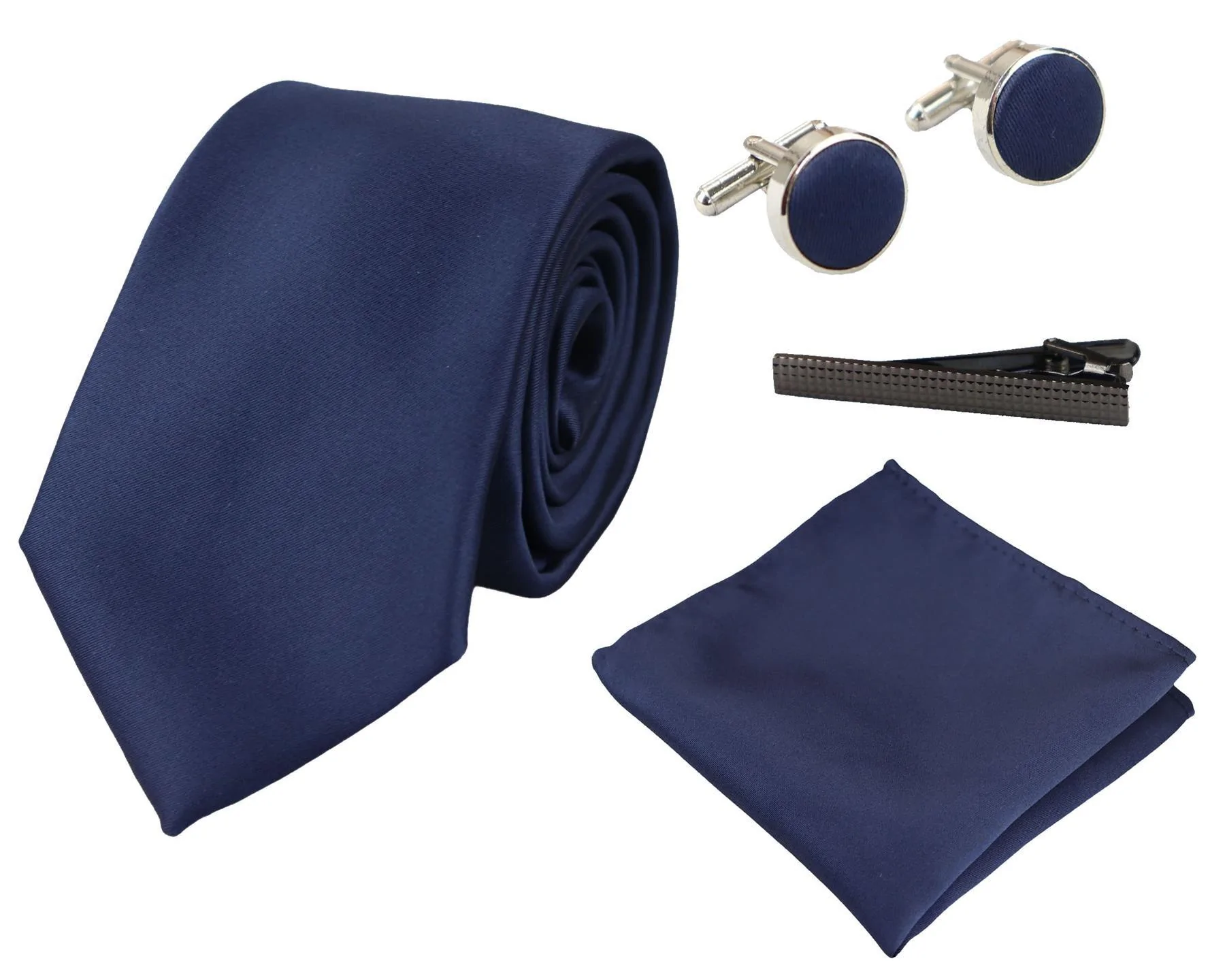 Satin Silk Navy Tie Gift Set Pocket Square Cuff Links Tie Shiny Satin