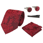 Paisley Neck Red Tie Gift Set Pocket Square Cuff Links Tie Floral Satin