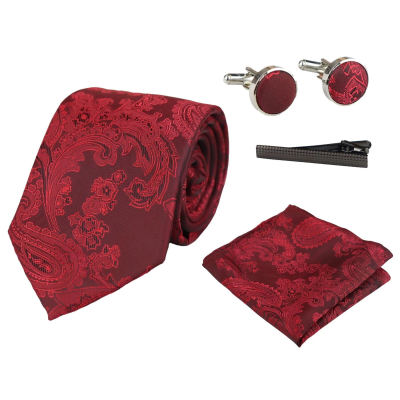 Paisley Hals Rot Krawatte Geschenkset Einstecktuch Manschettenknöpfe Krawatte Floral Satin