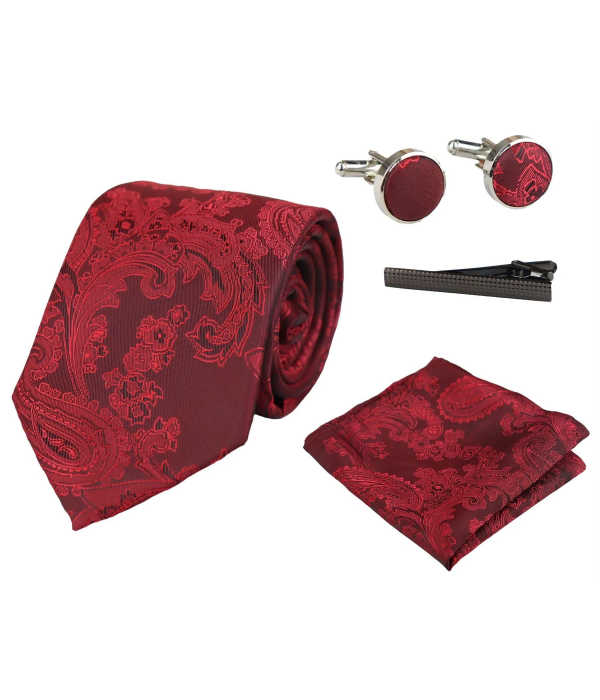 Paisley Neck Red Tie Gift Set Pocket Square Cuff Links Tie Floral Satin