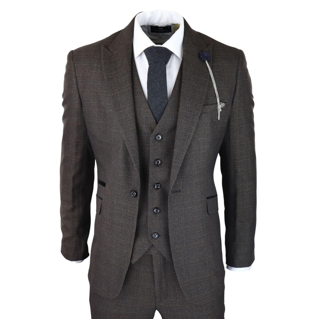 Mens 3 Piece Check Suit Tweed Black Brown Tailored Fit Wedding Peaky