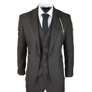 Herren 3 Stück Check Anzug Tweed Schwarz Braun Tailored Fit Hochzeit Peaky Classic