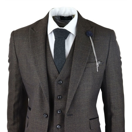 Mens 3 Piece Check Suit Tweed Black Brown Tailored Fit Wedding Peaky ...