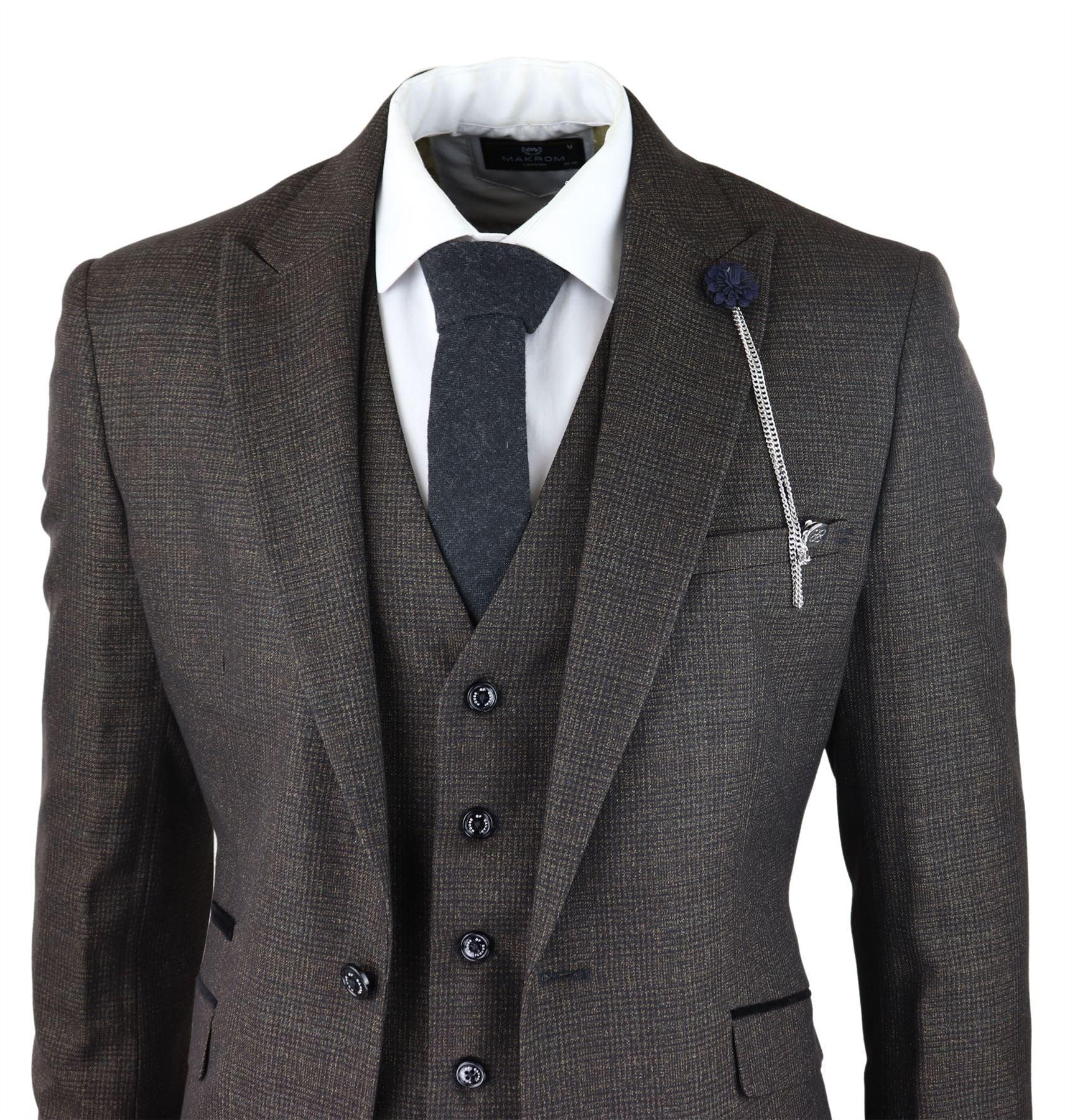 Mens 3 Piece Check Suit Tweed Black Brown Tailored Fit Wedding Peaky  Classic: Buy Online - Happy Gentleman United States