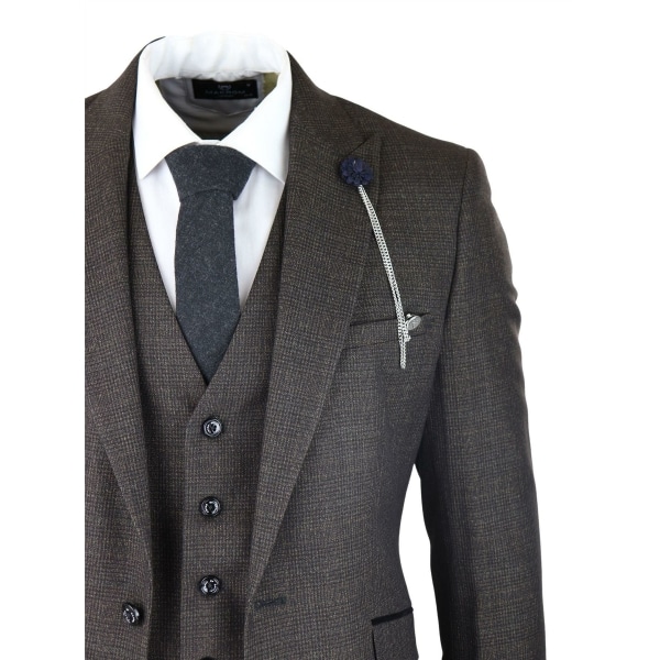 Mens 3 Piece Check Suit Tweed Black Brown Tailored Fit Wedding Peaky Classic