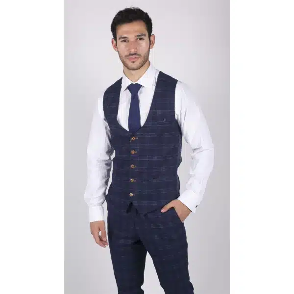 Mens Marc Darcy Blue Check Prince Of Wales Waistcoat Smart Casual Slim Fit Chigwell