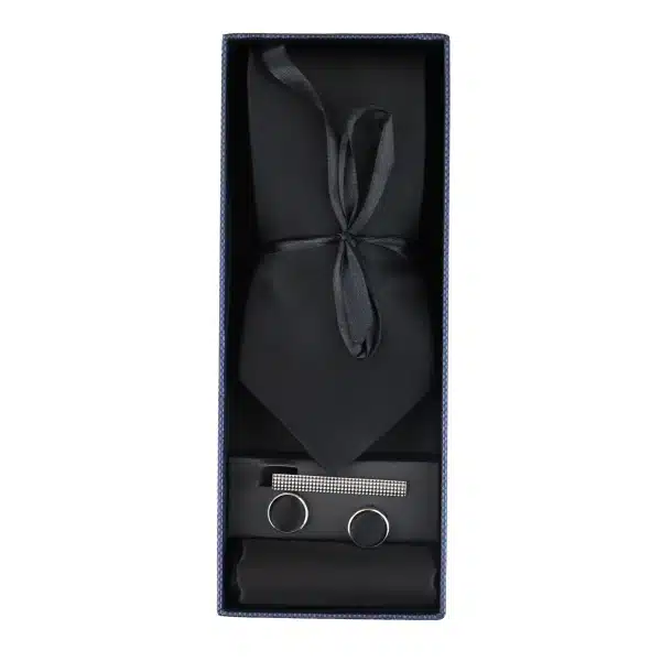 Satin Silk Black Tie Gift Set Pocket Square Cuff Links Tie Shiny Satin