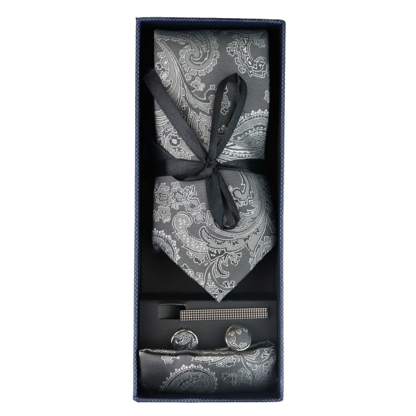 Paisley Neck Grey Tie Gift Set Pocket Square Cuff Links Tie Floral Satin