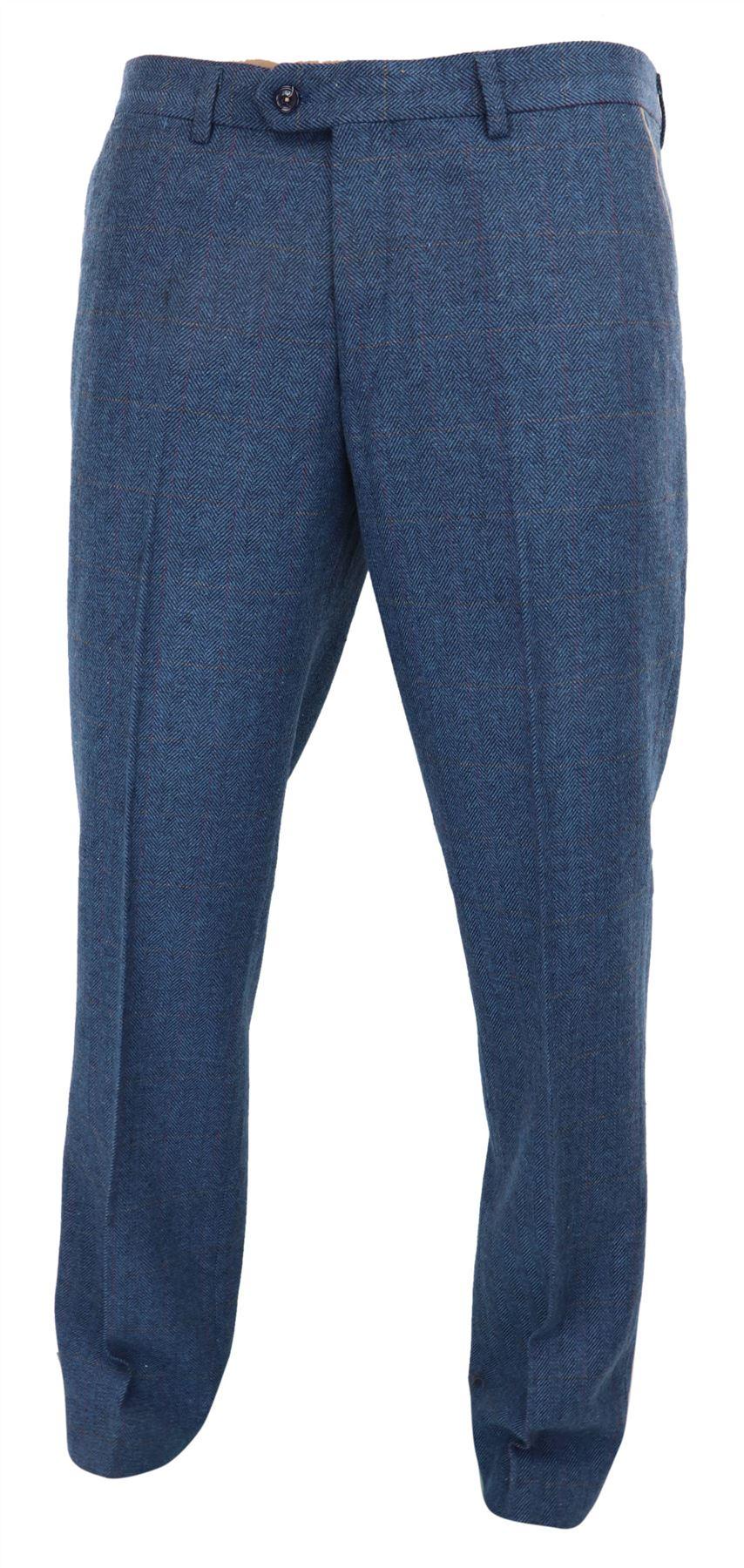 Mens Blue Trousers Herringbone Tweed Check Vintage Tailored Fit Suit ...
